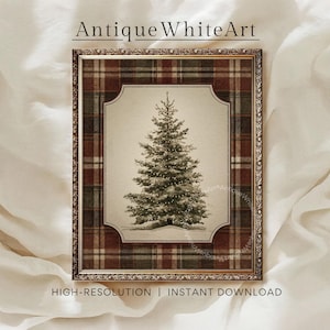 May include: A framed wall art print featuring a central illustration of a Christmas tree on a cream background, surrounded by a red, green, and brown plaid border. The frame is metallic gold with an ornate, textured edge. Text reads AntiqueWhiteArt.