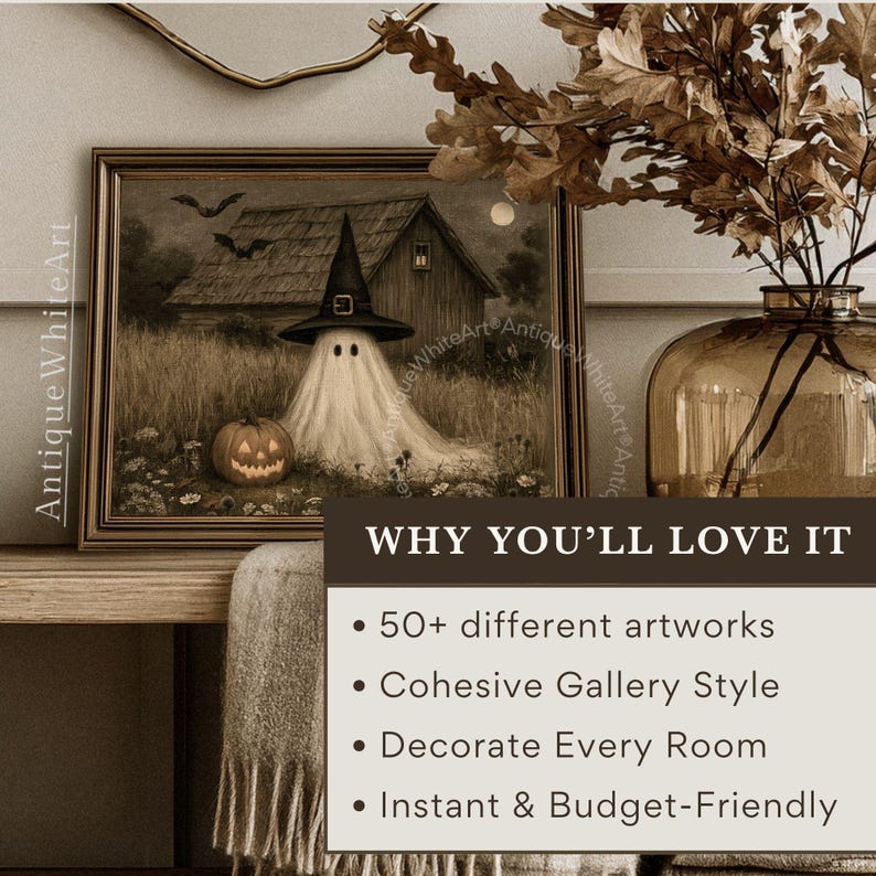 May include: A framed wall art print featuring a ghost wearing a black witch hat standing in a field next to a jack-o'-lantern and a wooden barn under a dark sky with two bats. The text AntiqueWhiteArt is visible on the left side of the frame.