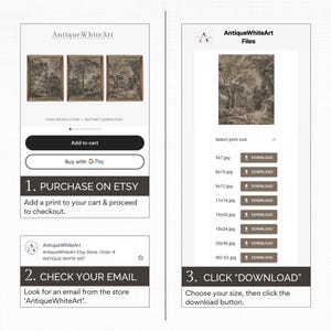 May include: A digital download of a vintage forest scene illustration. The image shows three different sizes of the print, with a button to add to cart and a button to buy with Google Pay. The image also shows instructions on how to purchase the print on Etsy, check your email, and download the file.