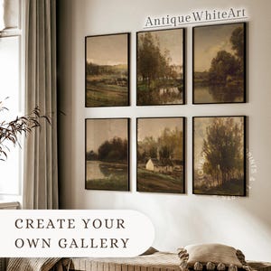 May include: A collection of six framed landscape paintings in muted tones of brown, green, and gray. The artwork depicts scenes of nature, including trees, water, and fields. The text "Antique White Art" is visible at the top.