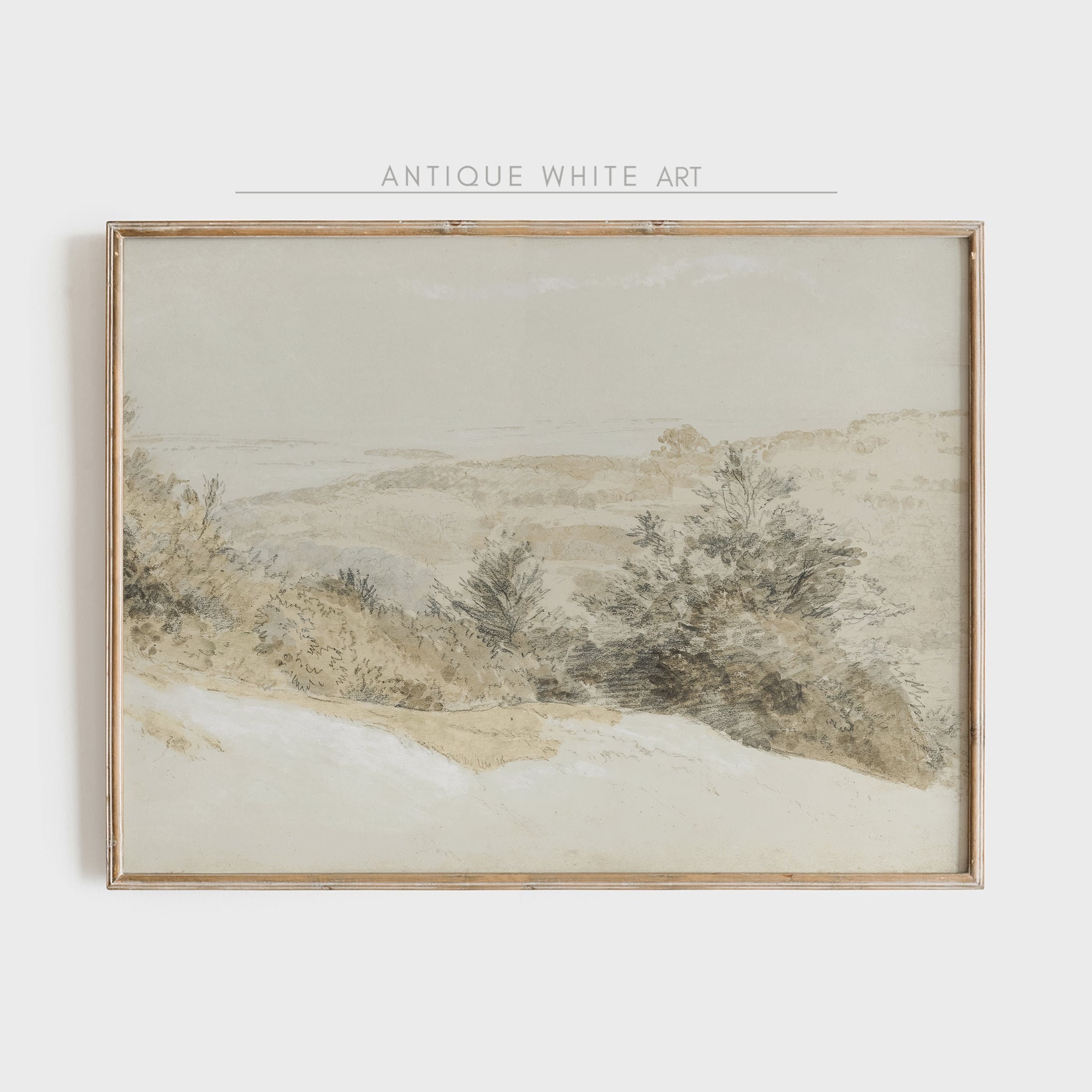 Vintage Beige Drawing, Neutral Antique Sketch, Farmhouse Landscape