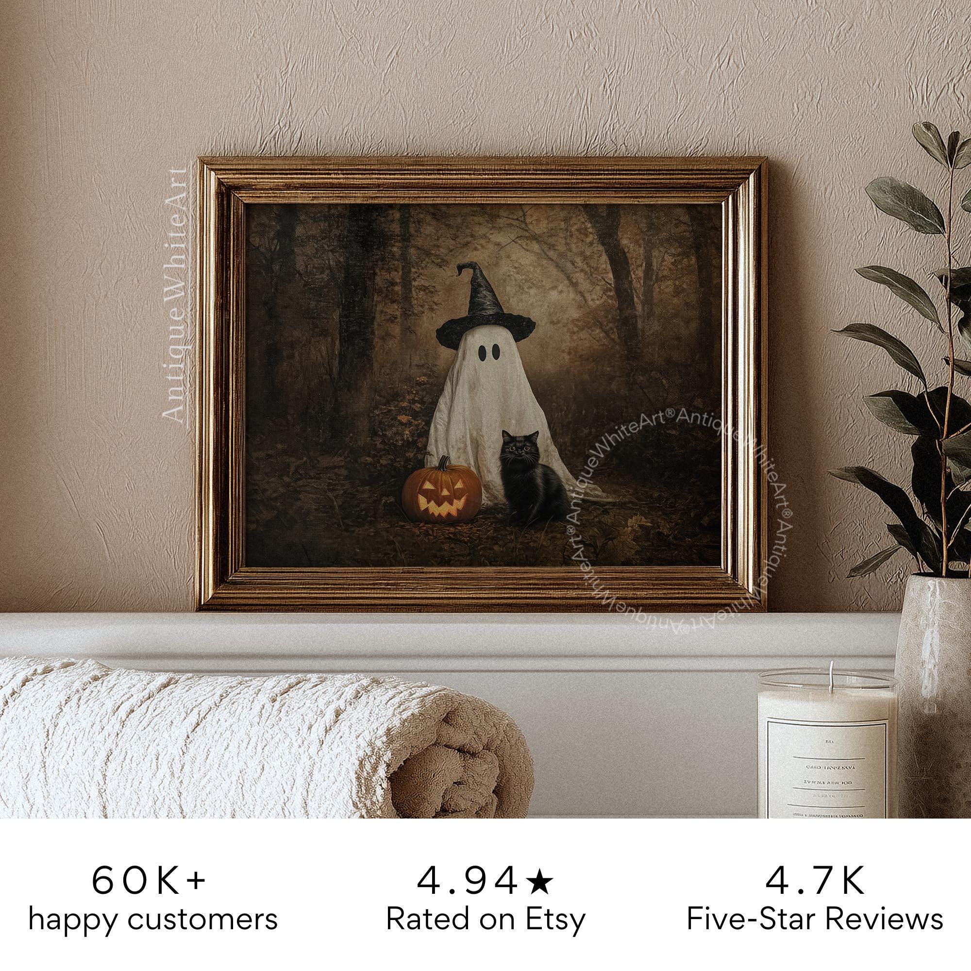 PRINTABLE Vintage Halloween Print, Cute Ghost & Black Cat in Dark Fall ...