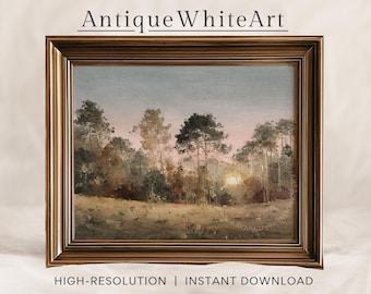 May include: A framed landscape painting with a gold-colored frame. The artwork depicts a forest scene with trees and a sunset. The text "Antique White Art" is at the top, and "HIGH-RESOLUTION | INSTANT DOWNLOAD" is at the bottom.
