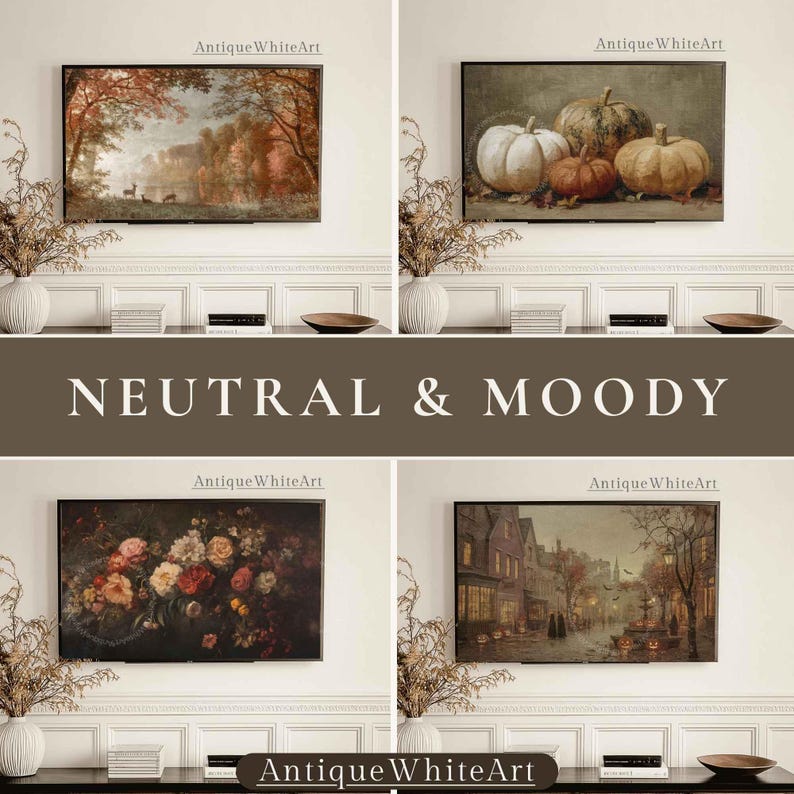 May include: Four rectangular wall art prints displayed on a wall. The top left shows a forest landscape with deer, the top right features pumpkins, the bottom left depicts a floral bouquet, and the bottom right shows a street scene with buildings.