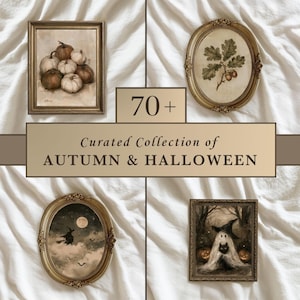 May include: A collection of four framed art prints featuring autumn and Halloween themes, including pumpkins, an oak branch with acorns, a witch flying on a broomstick, and a ghost with a black cat. Text reads 70+ Curated Collection of AUTUMN & HALLOWEEN.