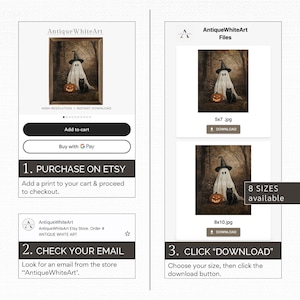 Puede incluir: Un listado de productos de descarga digital de AntiqueWhiteArt. La imagen presenta una escena de Halloween con un fantasma, un gato negro y una calabaza. El listado incluye instrucciones para comprar en Etsy y descargar el archivo. 8 tama&ntilde;os disponibles.