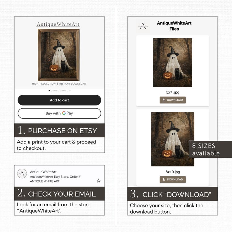 Puede incluir: Un listado de productos de descarga digital de AntiqueWhiteArt. La imagen presenta una escena de Halloween con un fantasma, un gato negro y una calabaza. El listado incluye instrucciones para comprar en Etsy y descargar el archivo. 8 tama&ntilde;os disponibles.