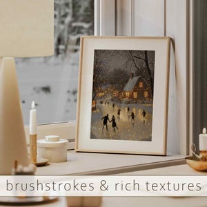 May include: A framed winter scene painting of a snowy village with a couple ice skating under twinkling lights. The painting has a rustic, vintage feel with brushstrokes and rich textures.