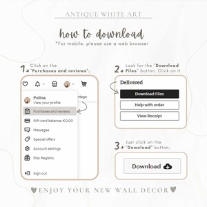 May include: A step-by-step guide on how to download digital files from Etsy. The guide shows a screenshot of the Etsy app with the "Purchases and reviews" option highlighted. It also shows a screenshot of the "Download Files" button on the Etsy app.