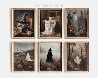 Printable Halloween Gallery Set, Witchy Wall Art, Ghosts Prints, Fall Painting,  Halloween Rustic Wall Decor, Dark Gallery Art Set | S84