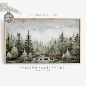Winter Forest Painting Samsung Frame TV Art, Fir Trees Art for TV, Winter Landscape with Deers, Farmhouse Decor, Digital Download WA40 image 1