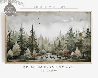 Winter Forest Painting Samsung Frame TV Art, Fir  Trees Art for TV, Winter Landscape with Deers, Farmhouse Decor, Digital Download | WA40