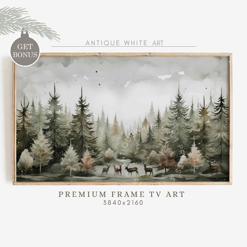 Winter Forest Painting Samsung Frame TV Art, Fir Trees Art for TV, Winter Landscape with Deers, Farmhouse Decor, Digital Download WA40 image 1