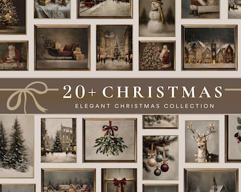 May include: A selection of framed Christmas art prints. The prints depict winter scenes, Father Christmas, Christmas trees, and festive decorations. The text reads "20+ CHRISTMAS - ELEGANT CHRISTMAS COLLECTION". The color palette includes muted tones of brown, grey, and white.
