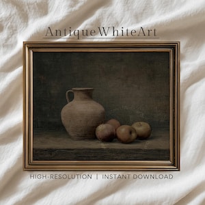 Moody Apple Still Life Printable Wall Art, Rustic Kitchen Wall Art, Vintage Oil Painting Download, Antique Fall Decor, Digital Wall Art A580