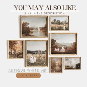 May include: A collection of eight framed prints featuring antique white landscapes with ghost figures. The prints are arranged in a grid pattern on a white wall. The text "YOU MAY ALSO LIKE" and "LINK IN THE DESCRIPTION" is at the top of the image. The text "ANTIQUE WHITE ART" and "+ BONUS ART" is at the bottom of the image.