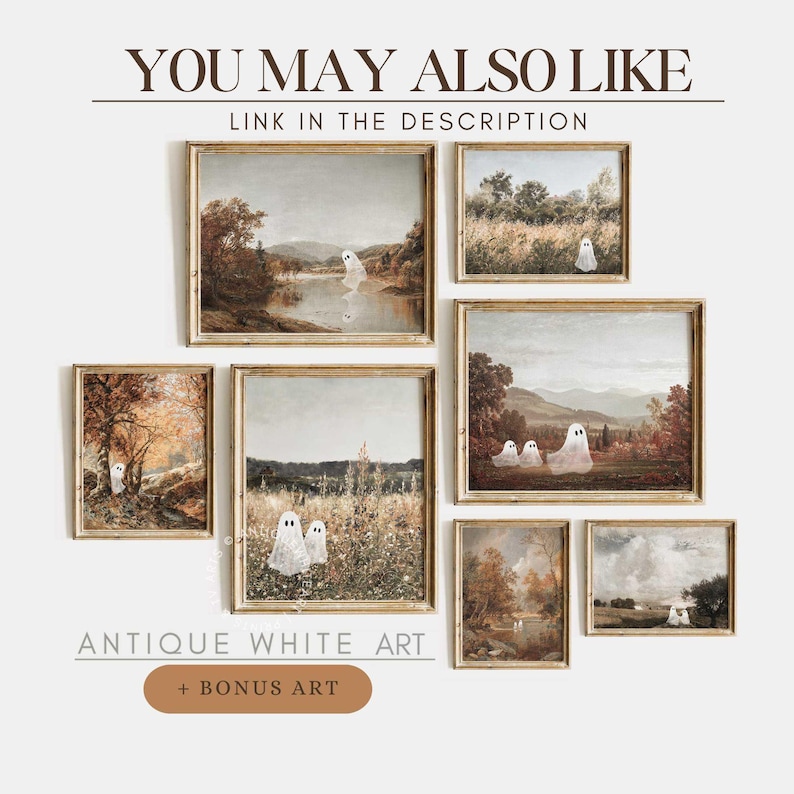 May include: A collection of eight framed prints featuring antique white landscapes with ghost figures. The prints are arranged in a grid pattern on a white wall. The text "YOU MAY ALSO LIKE" and "LINK IN THE DESCRIPTION" is at the top of the image. The text "ANTIQUE WHITE ART" and "+ BONUS ART" is at the bottom of the image.