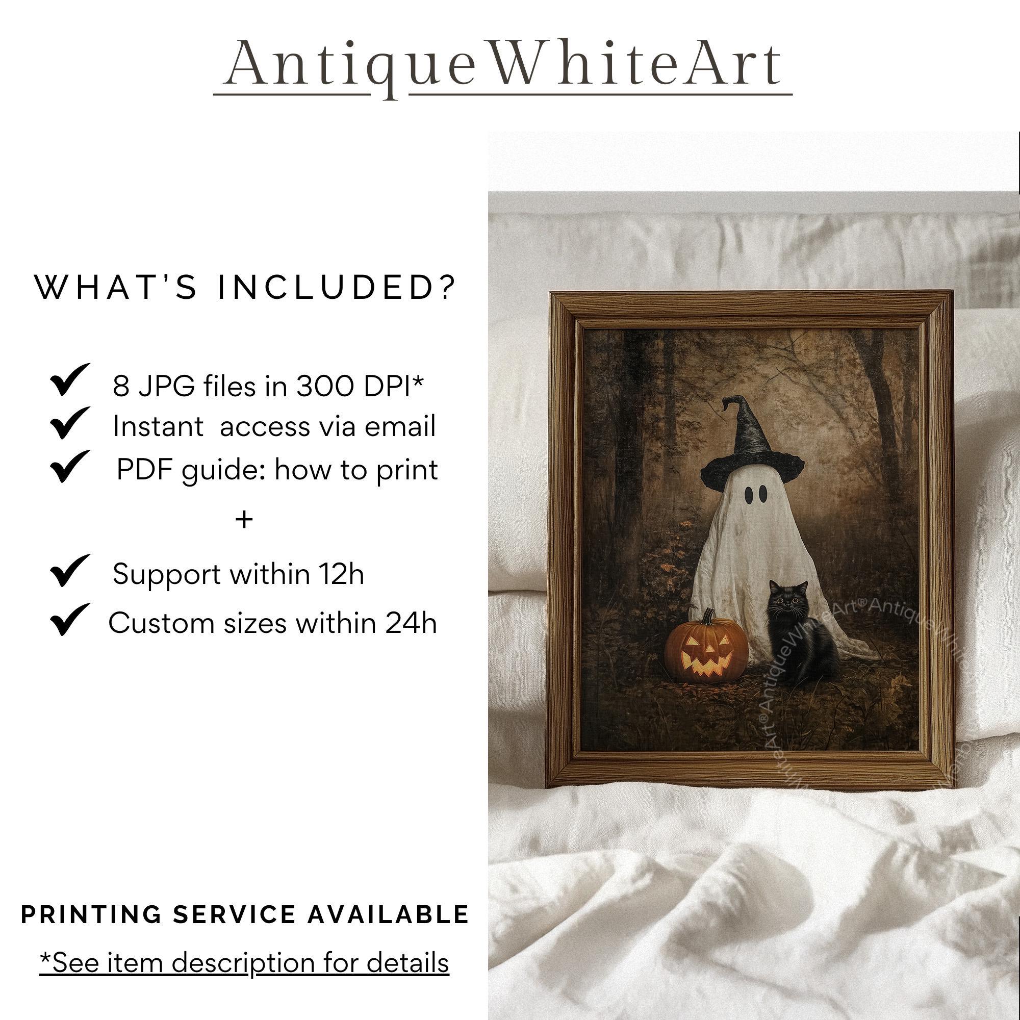 PRINTABLE Vintage Halloween Print, Cute Ghost & Black Cat in Dark Fall ...