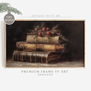 Frame TV Still Life with Books, Rustic Christmas Oil Painting, Samsung Frame TV Art, MoodyVintage Christmas Decor, Christmas TV Art | WA10