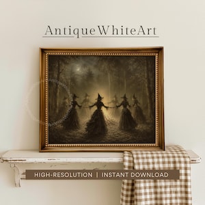 May include: A framed wall art print titled AntiqueWhiteArt depicting a group of figures in pointed hats holding hands in a circle around a bright central light within a dark, misty forest setting. The artwork is enclosed in a gold frame.
