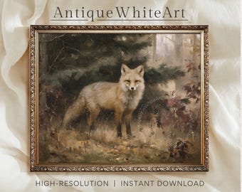May include: A framed vintage-style painting featuring a fox in a forest setting. The artwork has a detailed, realistic style with a warm color palette. The text "Antique White Art" is at the top, and "HIGH-RESOLUTION | INSTANT DOWNLOAD" is at the bottom.