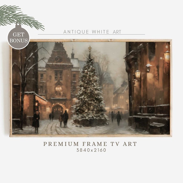 Christmas Tree Frame TV Art, Moody Winter Samsung Frame TV Art, Farmhouse Christmas, Vintage Town Painting, Farmhouse Christmas Decor | WA25