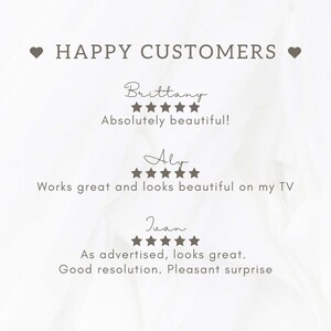 May include: Happy Customers reviews with five-star ratings for a product. The reviews say "Absolutely beautiful!" "Works great and looks beautiful on my TV" and "As advertised, looks great. Good resolution. Pleasant surprise."