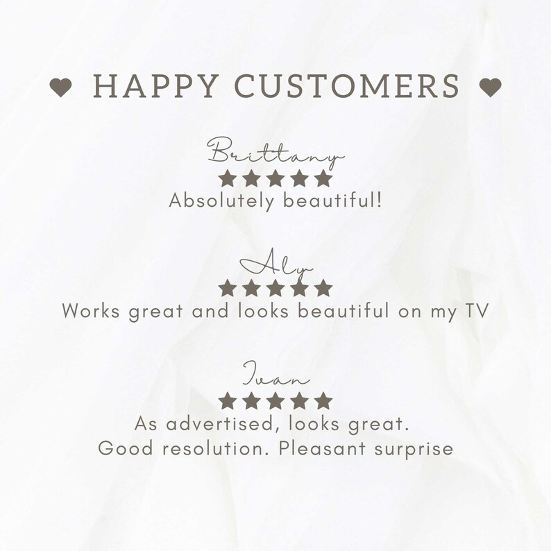 May include: Happy Customers reviews with five-star ratings for a product. The reviews say "Absolutely beautiful!" "Works great and looks beautiful on my TV" and "As advertised, looks great. Good resolution. Pleasant surprise."