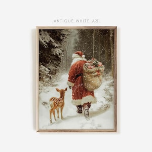 Impressão vintage de Papai Noel, arte de parede de Natal para impressão, pintura de rena, impressão de Natal, decoração de feriado, pintura de floresta de inverno W110