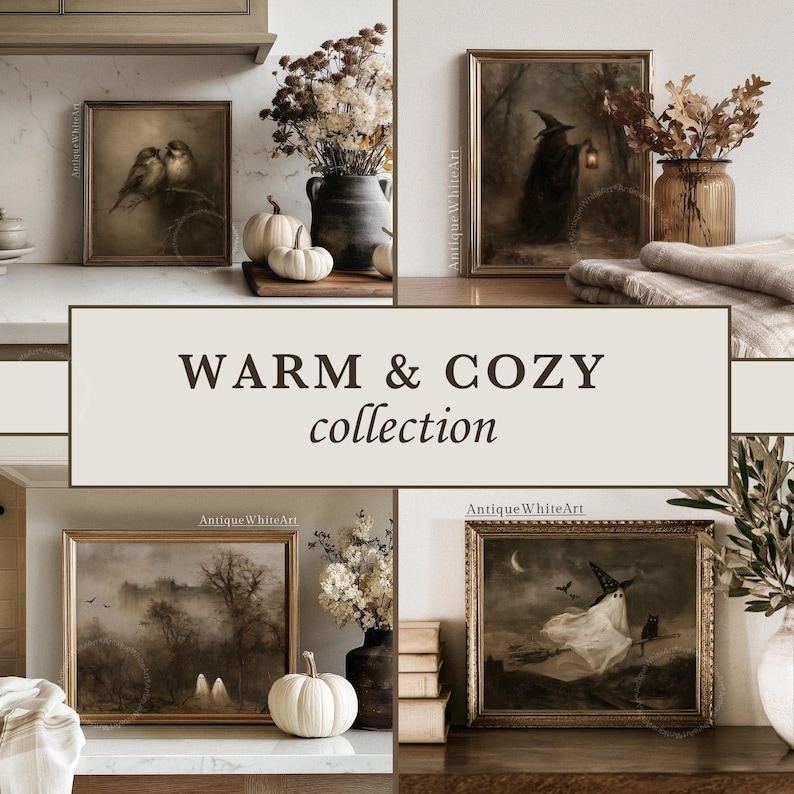 May include: A collage of four framed wall art prints featuring dark, moody scenes including two birds, a witch with a lantern, a foggy landscape with ghosts, and a ghost on a broomstick. The central text reads WARM & COZY collection.