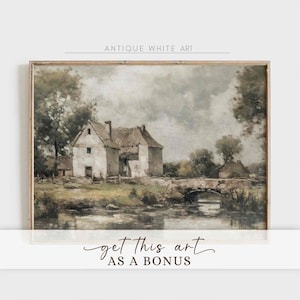 May include: A vintage painting of a white cottage with a thatched roof, nestled in a green landscape. A stone bridge crosses a river in the foreground, with trees and a cloudy sky in the background.