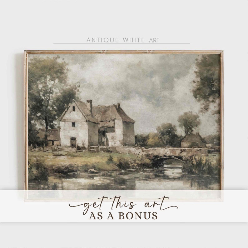 May include: A vintage painting of a white cottage with a thatched roof, nestled in a green landscape. A stone bridge crosses a river in the foreground, with trees and a cloudy sky in the background.