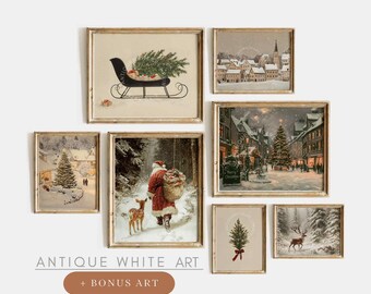Printable Christmas Prints, Set of 7 Rustic Winter Gallery Wall Art, Santa Claus Print, Christmas Tree Print, Vintage Christmas Decor | S96