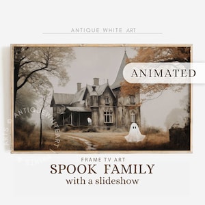 May include: An animated digital art print of a spooky old house with two ghosts in front of it. The house is a light brown color with a dark brown roof. The ghosts are white and translucent. The background is a foggy forest with trees in the background. The text "ANIMATED" is in the upper right corner of the image. The text "SPOOK FAMILY with a slideshow" is at the bottom of the image.