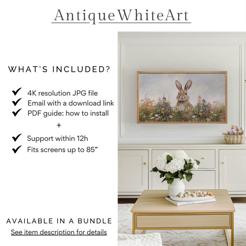 Op de afbeelding: Een digitale download van een JPG-bestand met een resolutie van 4K met een schilderij van een bruin konijn dat in een veld met wilde bloemen zit. De afbeelding is ingelijst en hangt aan een muur in een woonkamer. De tekst "Antique WhiteArt" wordt bovenaan de afbeelding weergegeven. De tekst "WHAT'S INCLUDED?" wordt aan de linkerkant van de afbeelding weergegeven. De tekst "AVAILABLE IN A BUNDLE" wordt onderaan de afbeelding weergegeven. De tekst "See item description for details" wordt onder de tekst "AVAILABLE IN A BUNDLE" weergegeven.