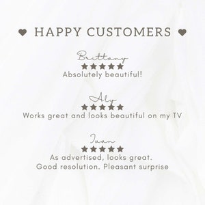 May include: A graphic with the text "HAPPY CUSTOMERS" and customer reviews. The reviews include the names Brittany, Aly, and Juan, each with a five-star rating and a short comment about the product's quality and appearance.