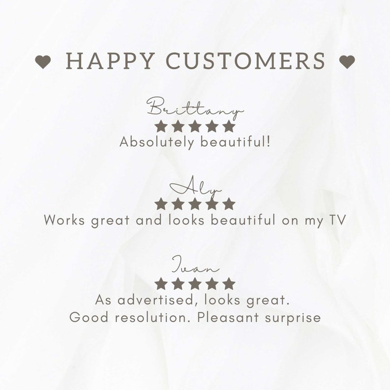 May include: A graphic with the text "HAPPY CUSTOMERS" and customer reviews. The reviews include the names Brittany, Aly, and Juan, each with a five-star rating and a short comment about the product's quality and appearance.