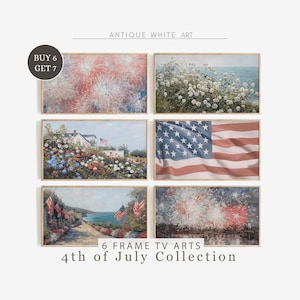 May include: A set of six framed art prints featuring patriotic themes for the 4th of July. The prints include fireworks, a flag, flowers, and a coastal scene. The text "BUY 6 GET 7" and "6 FRAME TV ARTS 4th of July Collection" is visible in the image.
