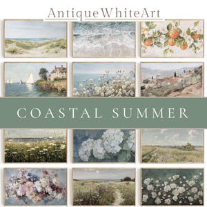 May include: A collection of framed art prints with coastal and floral themes. The prints feature beach scenes, ocean waves, and blooming flowers in soft, muted colors. The text "Antique White Art" and "Coastal Summer" are displayed.
