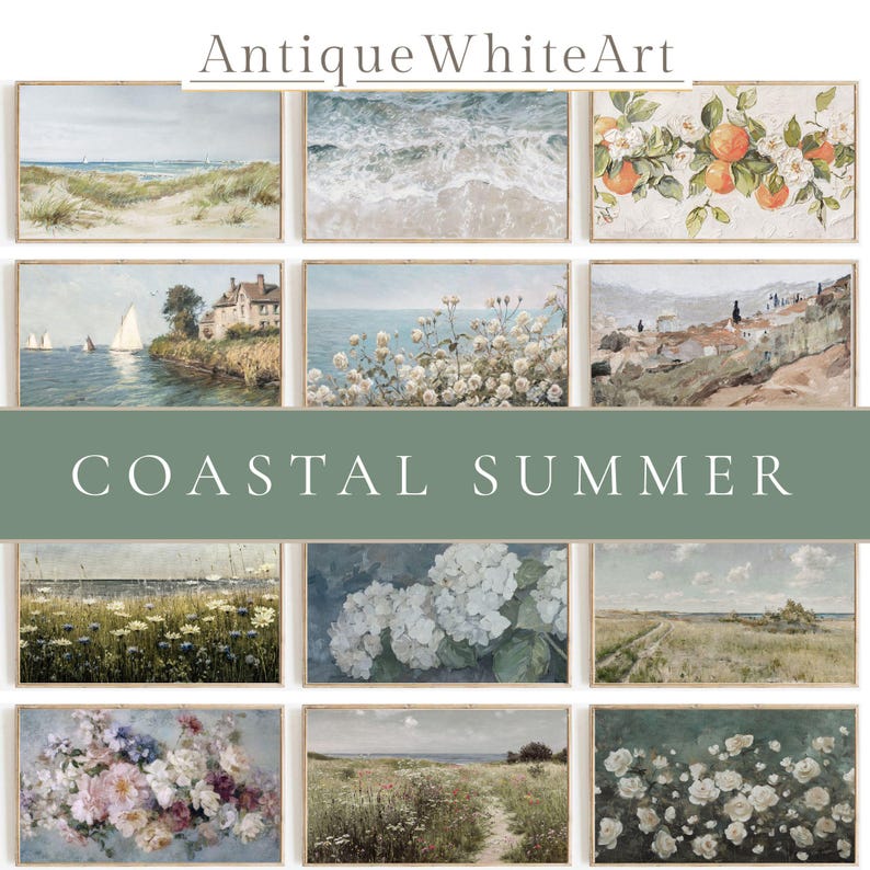 May include: A collection of framed art prints with coastal and floral themes. The prints feature beach scenes, ocean waves, and blooming flowers in soft, muted colors. The text "Antique White Art" and "Coastal Summer" are displayed.