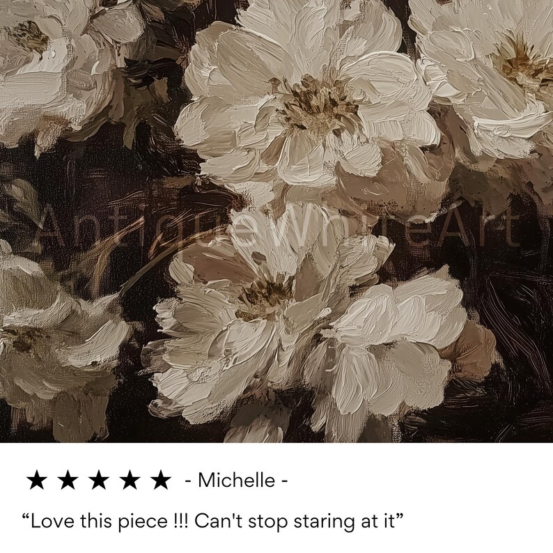 May include: A painting of white flowers against a dark background. The flowers are painted in a thick, textured style, giving them a three-dimensional appearance. The painting is signed "Antique White Art" in the bottom right corner.