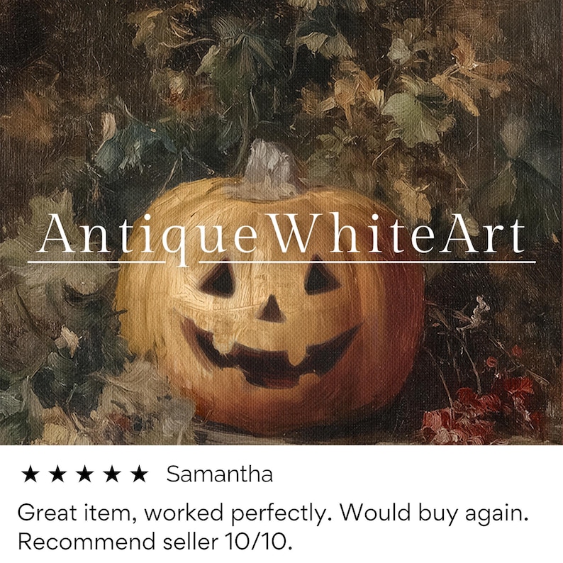 Puede incluir: Pintura al &oacute;leo de una calabaza tallada con una cara sonriente, sobre un fondo de follaje oto&ntilde;al. El texto "Antique WhiteArt" se muestra encima de la calabaza. La obra evoca el tema de Halloween.