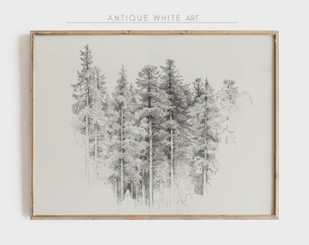 Vintage Forest Sketch, Black and White Nature Digital Print, Neutral Tree Drawing, Antique Wildlife Wall Art, Warm Aesthetic Decor | A102