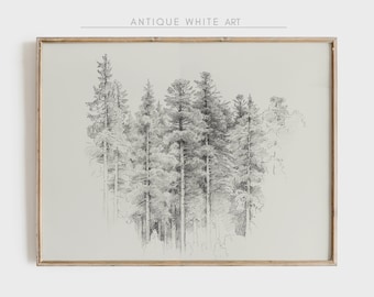 Croquis de forêt vintage, impression numérique nature noir et blanc, dessin d'arbre neutre, art mural animalier antique, décoration esthétique chaleureuse | A102