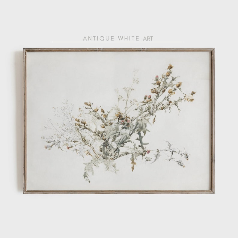 K&ouml;nnte beinhalten: Ein gerahmter botanischer Druck mit einer zarten Anordnung von wei&szlig;en und gr&uuml;nen Wildblumen mit einem Hauch von Rosa und Braun. Der Druck ist auf wei&szlig;em Hintergrund gehalten und hat eine schlichte, elegante &Auml;sthetik.
