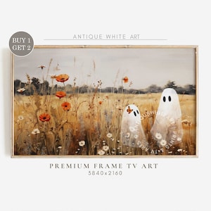 Cute Ghosts in Wildflowers Landscape, Frame TV Art, Halloween Art for Tv, Wildflowers Vintage Painting for TV, Neutral Halloween Decor |TV86