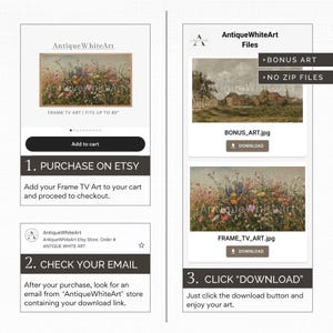 Puede incluir: Una ilustraci&oacute;n digital de un prado floral con un cielo azul y nubes blancas. La imagen est&aacute; dividida en tres secciones, cada una con un paso diferente en el proceso de compra y descarga del arte digital. La primera secci&oacute;n muestra un bot&oacute;n que dice "Agregar al carrito". La segunda secci&oacute;n muestra un bot&oacute;n que dice "Descargar". La tercera secci&oacute;n muestra un bot&oacute;n que dice "Descargar".
