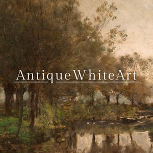 May include: An antique landscape painting featuring a serene river scene with trees and a boat. The artwork has a muted color palette of browns, greens, and whites, with the text "Antique White Art" across the image.