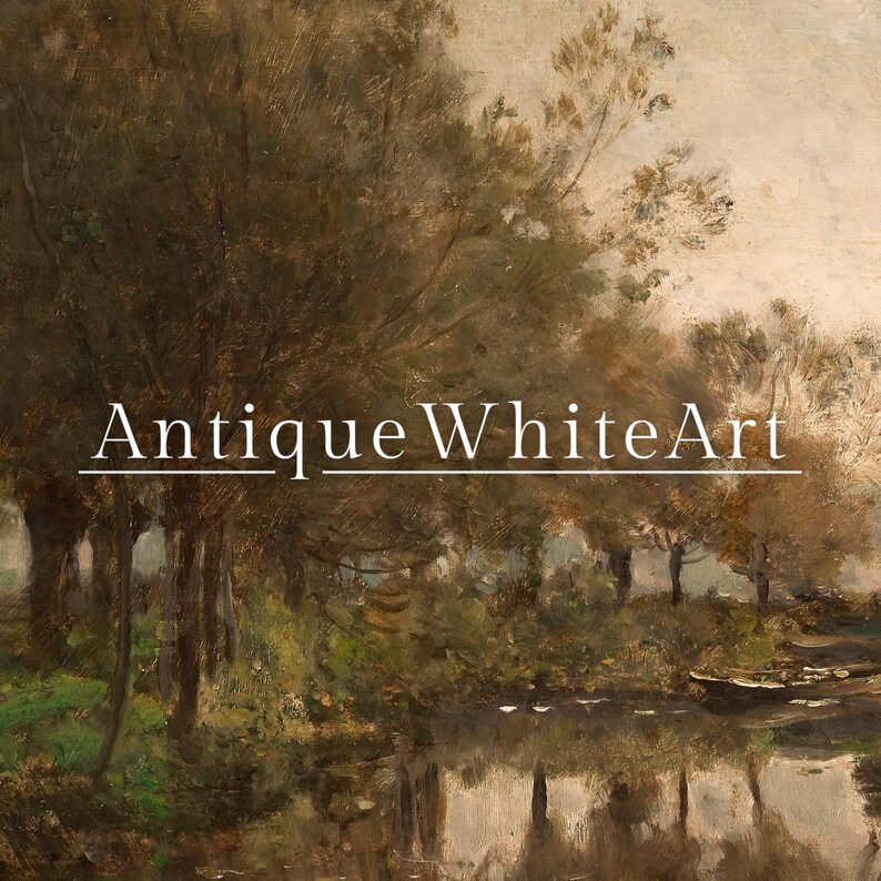 May include: An antique landscape painting featuring a serene river scene with trees and a boat. The artwork has a muted color palette of browns, greens, and whites, with the text "Antique White Art" across the image.