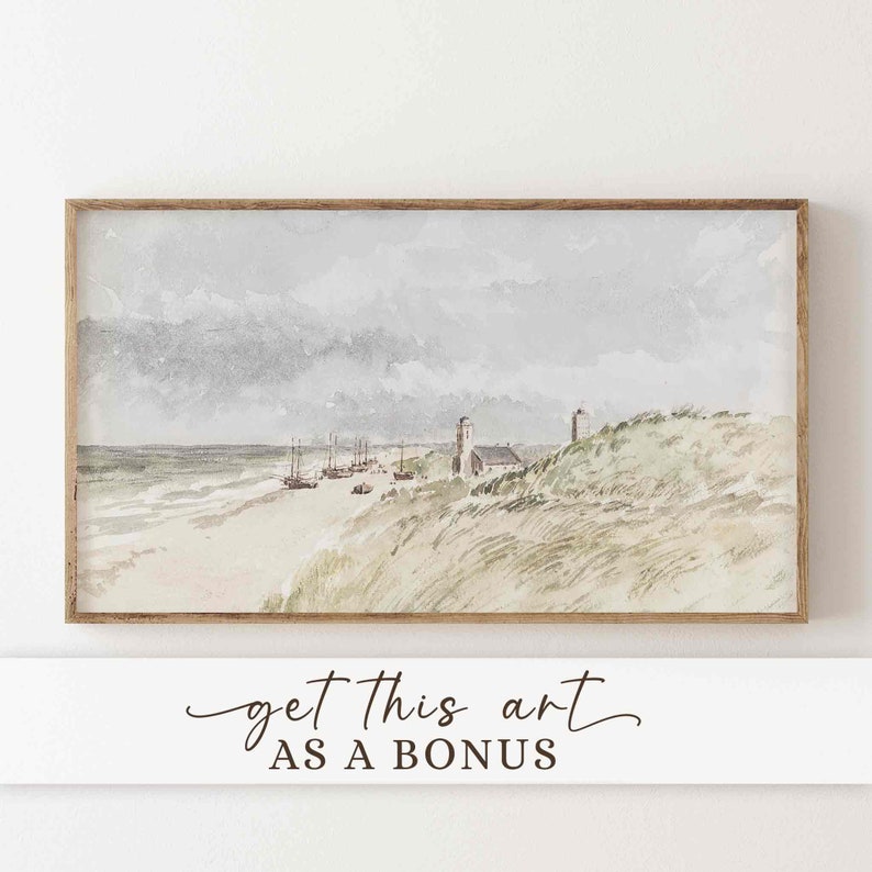 May include: Watercolor painting of a coastal scene with a beach, boats, and buildings under a cloudy sky. The artwork is framed in a wooden frame. The text "get this art as a bonus" is at the bottom.